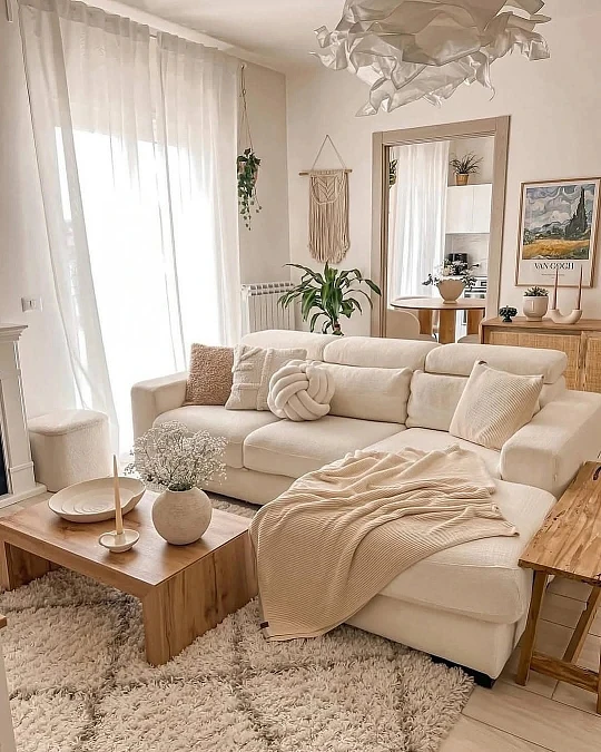 Soft White Sofa and Wood Layers