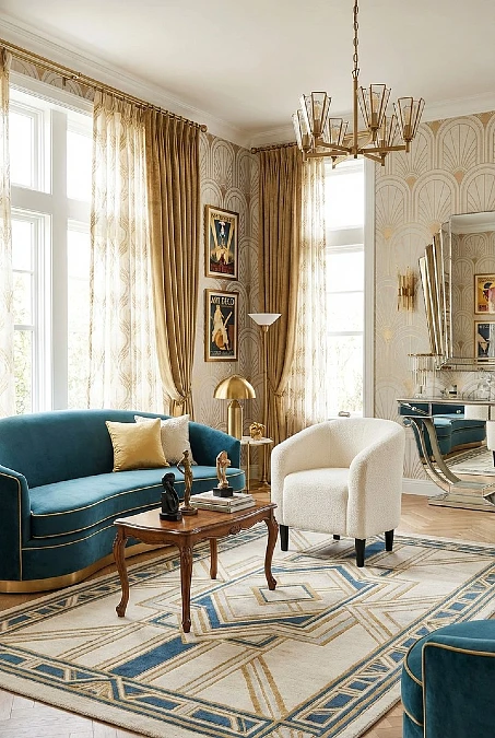Teal Sofa + Geometric Rug + Art Deco Lighting