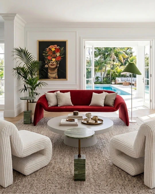 Red Velvet Sofa + Marble Table + Sculptural Chairs