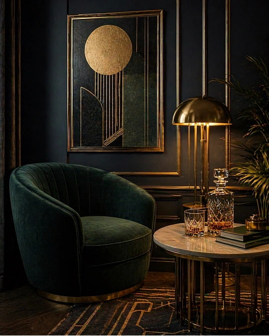 Emerald Chair + Brass Lamp + Geometric Artwork