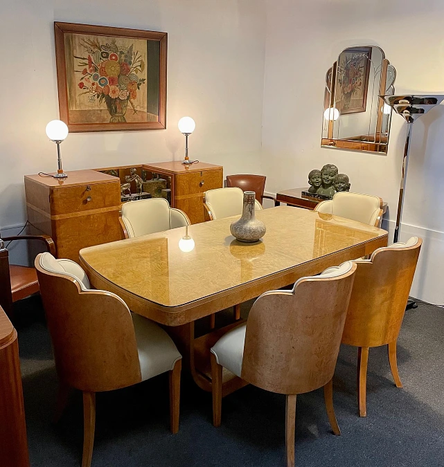 Burl Wood Dining Room + Curved Chairs