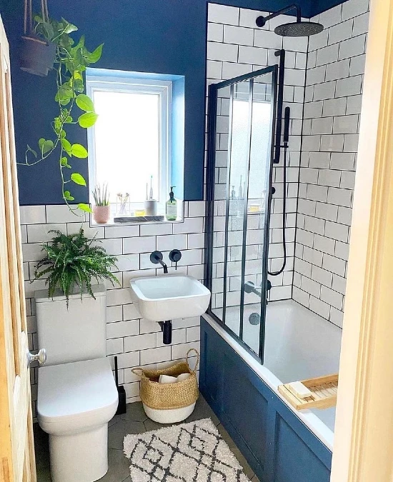 Navy Tile Bathroom with Greenery