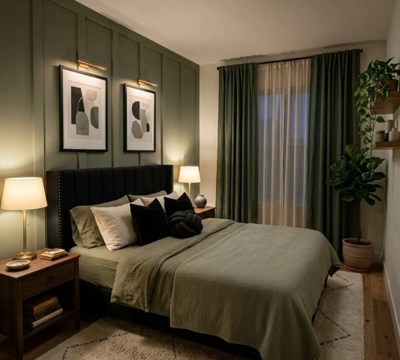 A Black Headboard Against Green Paneling