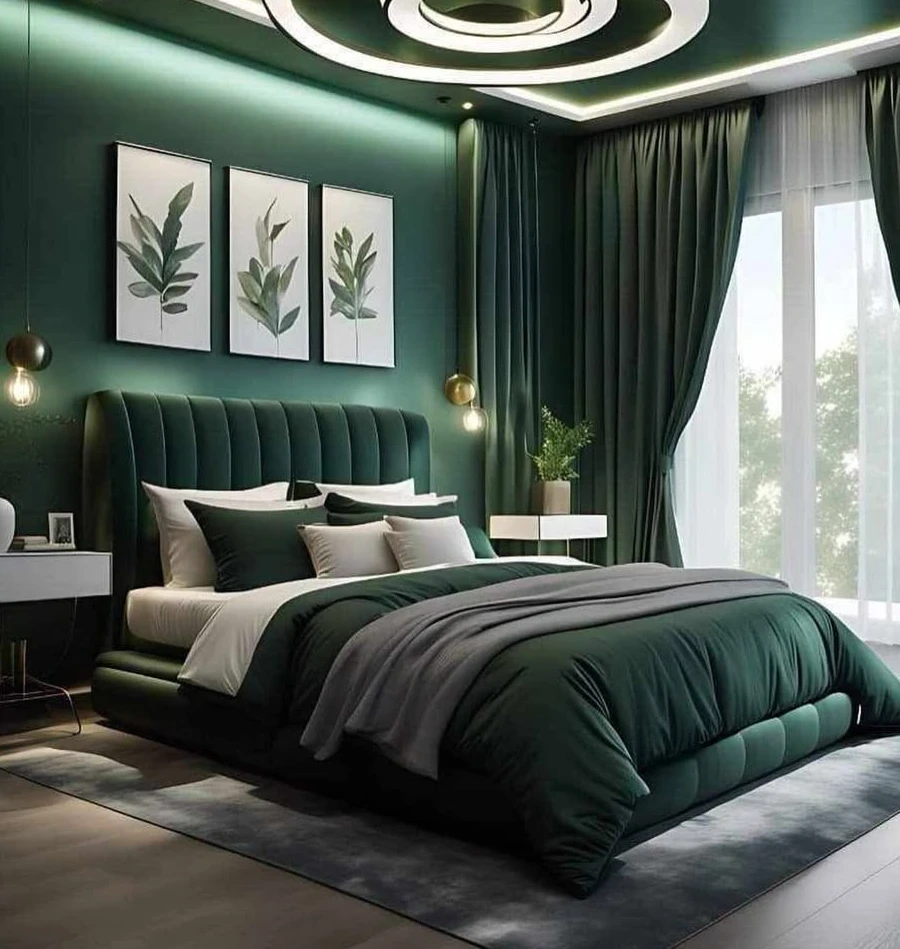 A Monochromatic Green Bedroom Setup