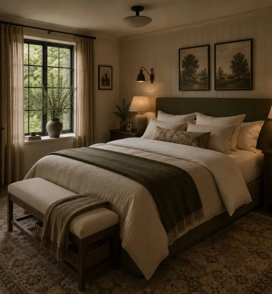 An Olive and Beige Vintage Bedroom