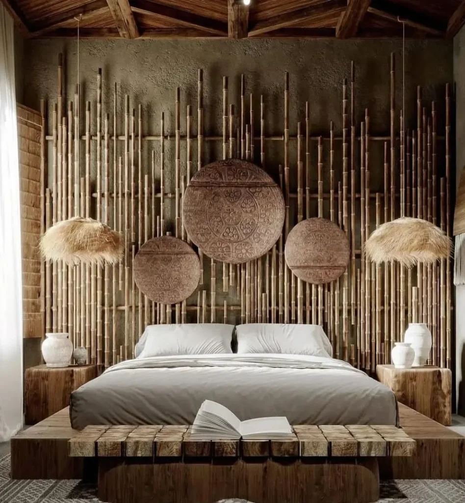 Bamboo Poles and Carved Wall Art