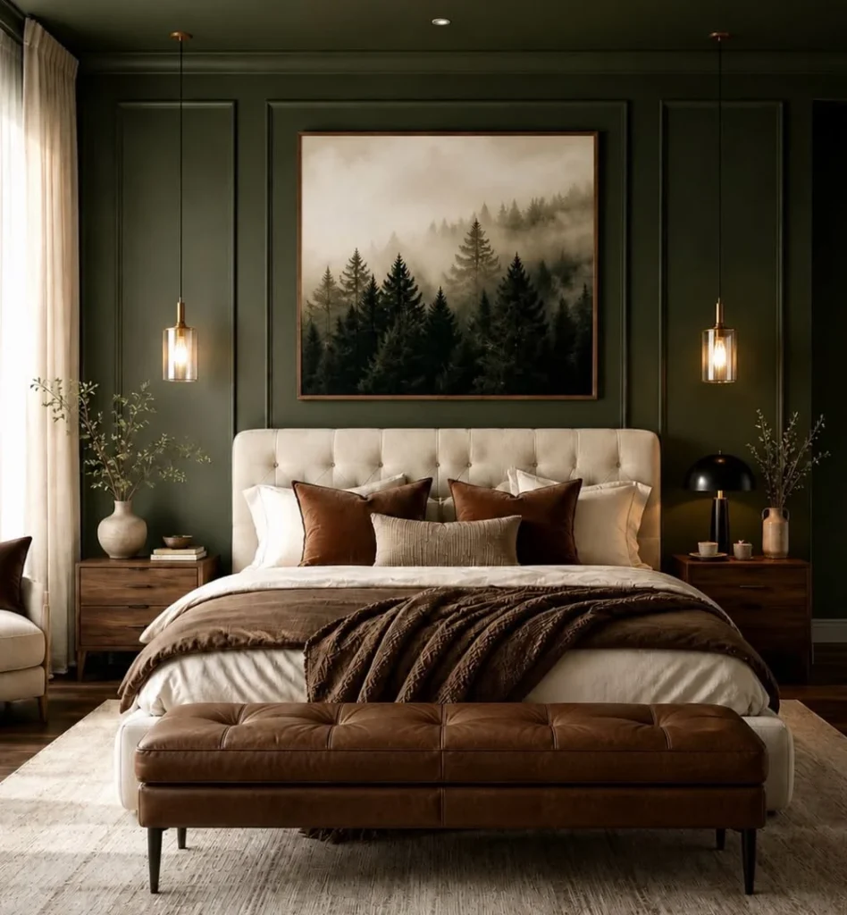 Cognac Leather and Forest Green Walls
