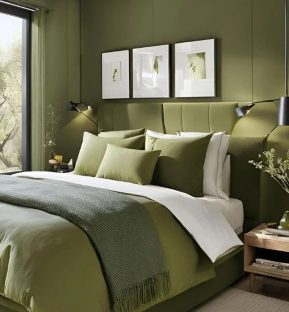 Olive Bedding + Black Pendants + Wood Nightstand