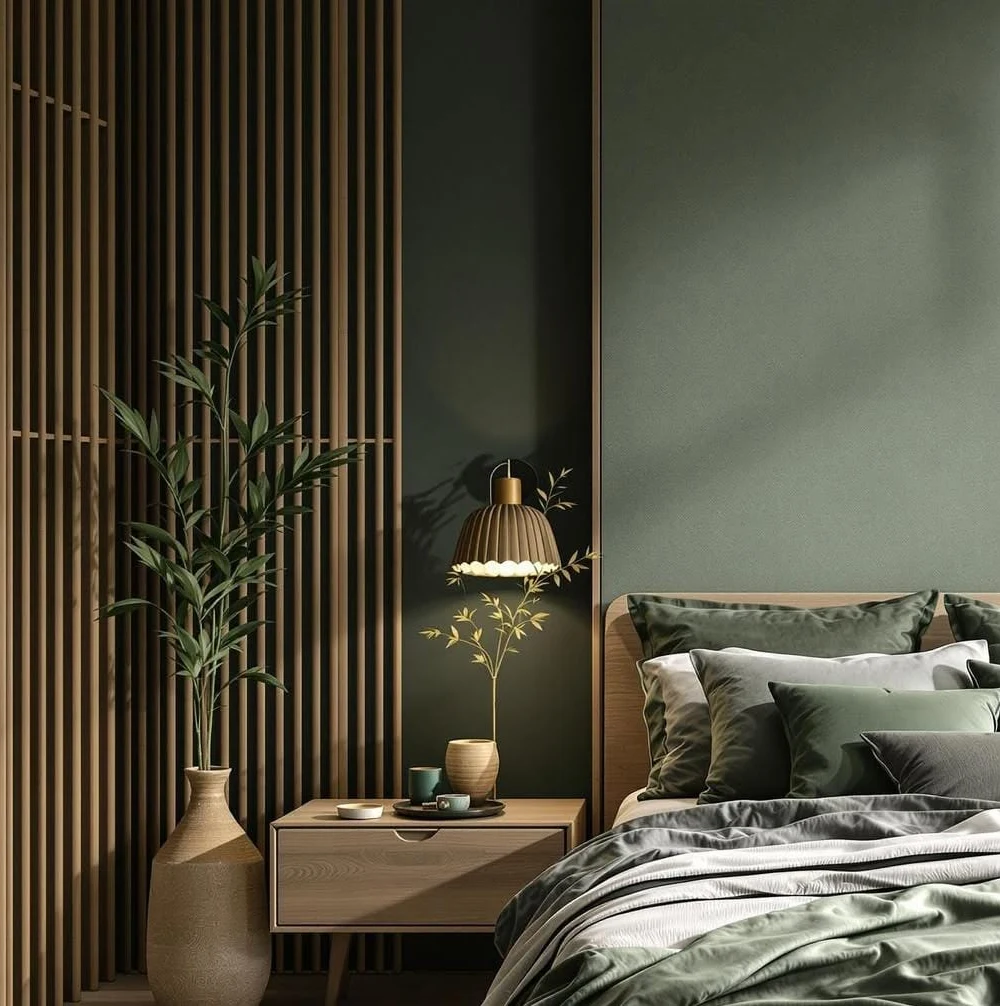 Wood Slats and Two-Tone Green Walls
