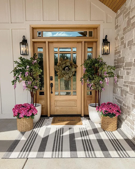 Wood Door with Wisteria and Woven Planters