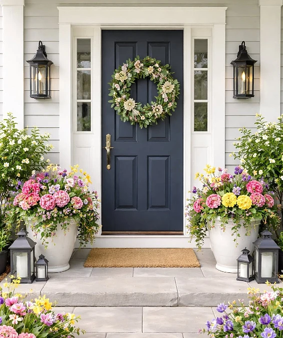Navy Door with Colorful Spring Planters