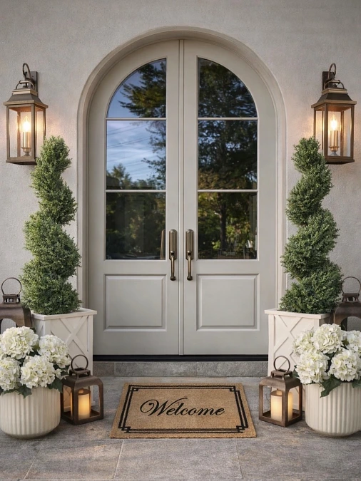 Arched Double Doors with White Hydrangeas