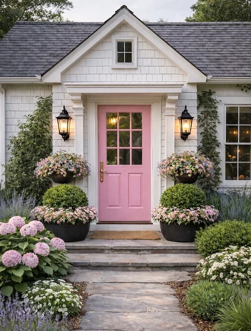 Pink Front Door with Cottage Garden Blooms