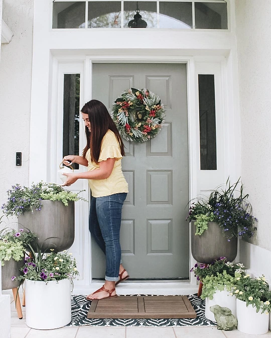 Gray Door with Mixed Spring Planters