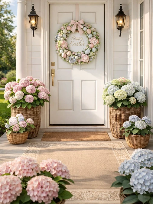Pastel Hydrangeas with Woven Spring Baskets