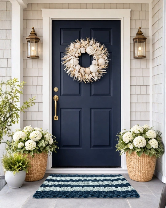 Navy Door + White Blooms + Woven Planters