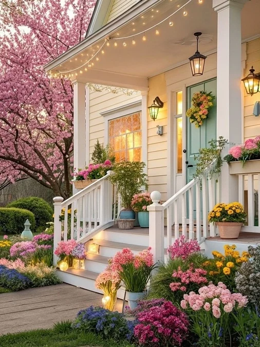 Mint Green Door with a Blooming Spring Garden