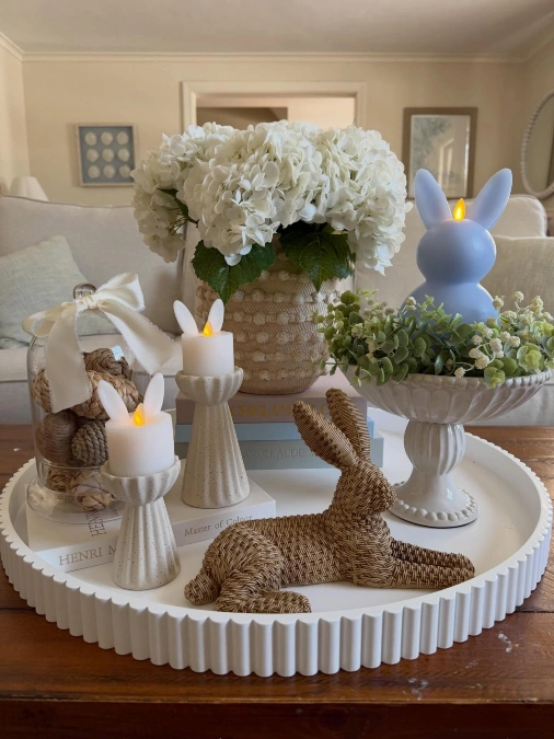 Woven Bunny + White Hydrangea Centerpiece
