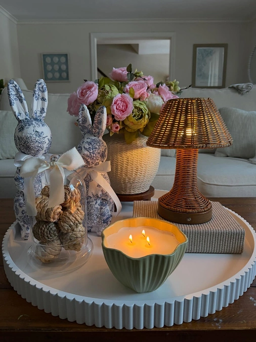Rattan Lamp and Floral Bunny Display