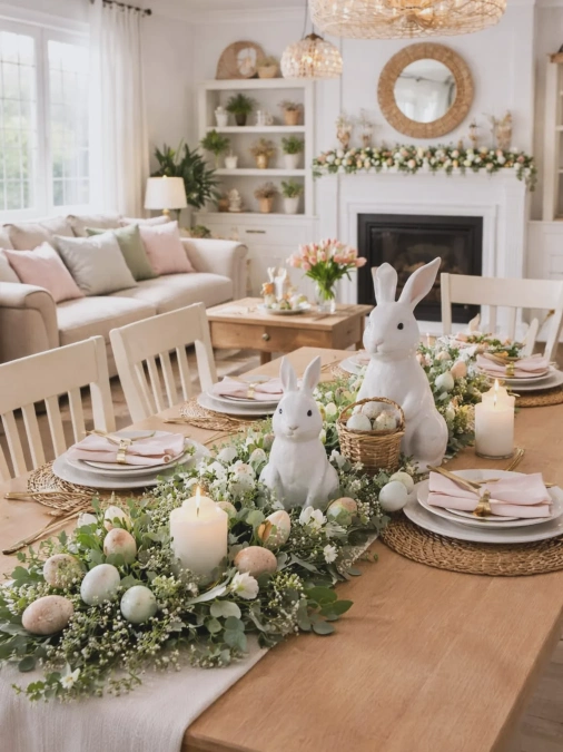 Bunny Centerpiece + Greenery + Pastel Eggs