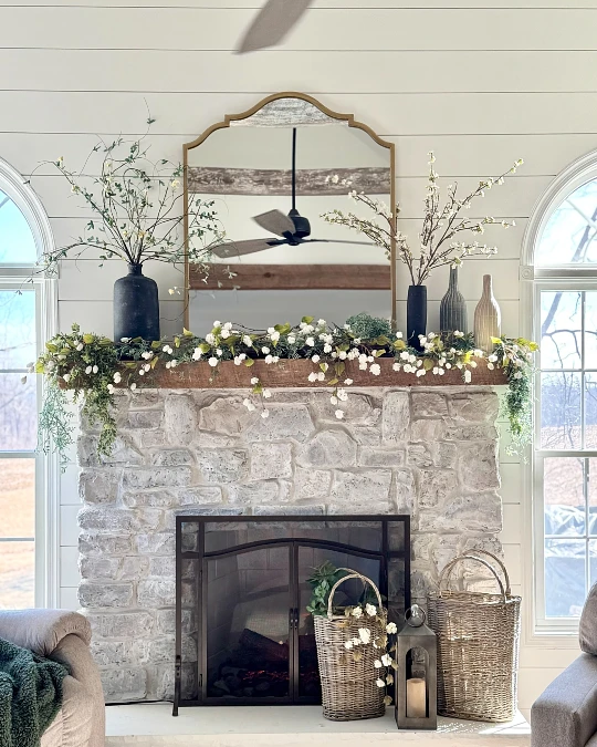 Flowering Branches on a Stone Mantel
