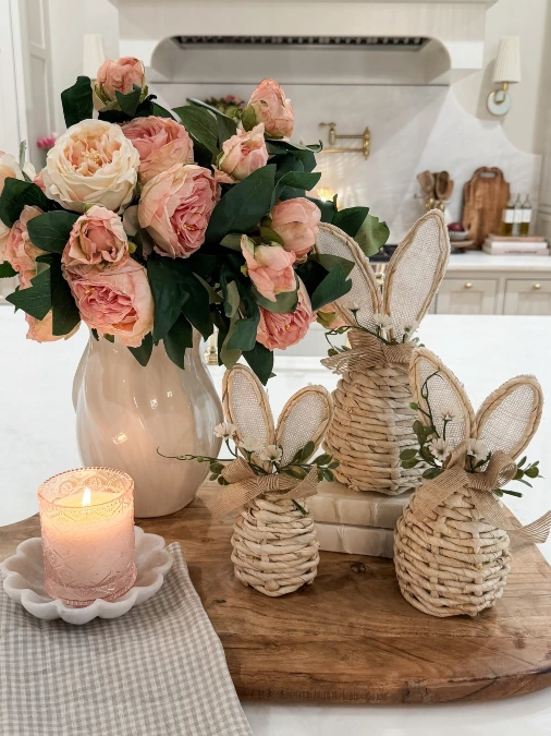Woven Bunny Trio with Blush Roses