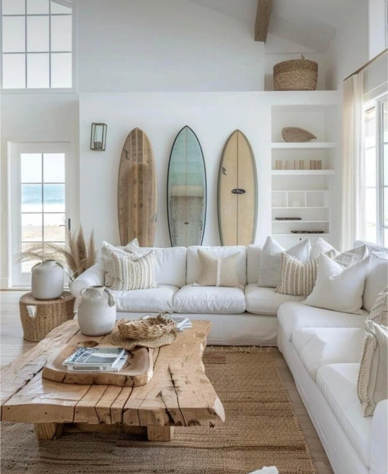 Coastal White Living Room with Surfboard Decor