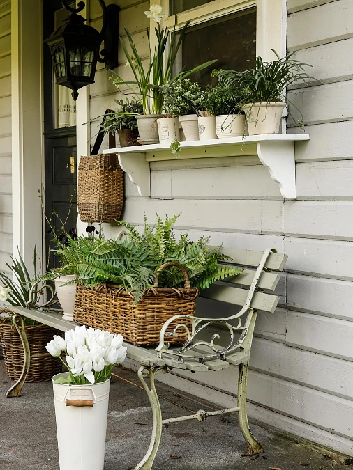 Ferns + Tulips + Vintage Porch Bench
