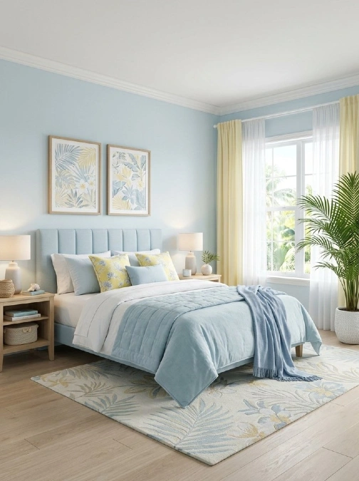 Powder Blue Bedroom with Soft Yellow Accents