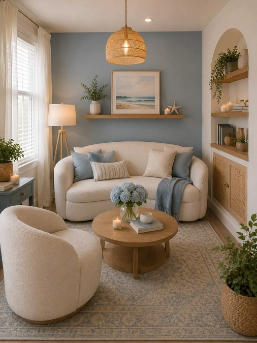 Soft Blue Living Room with Woven Details