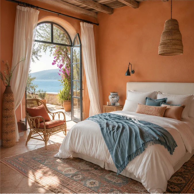 Terracotta Bedroom with Coastal Blue Layers