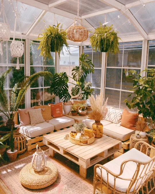 Lush Botanical Sunroom with Rattan Layers
