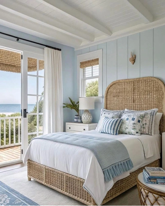 Pale Blue Bedroom with Woven Layers