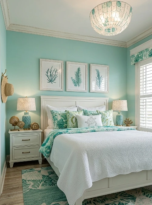 Aqua Botanical Bedroom with Crisp White Layers