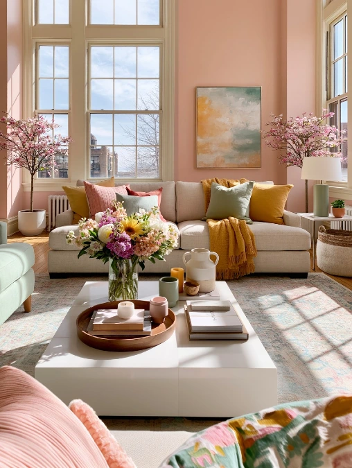 Blush Pink Living Room with Sunny Yellow Accents