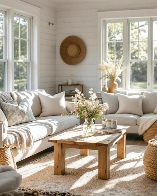 Sunlit Neutral Living Room with Woven Texture
