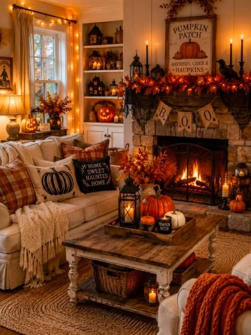 Pumpkin Mantel with Rustic Halloween Layers