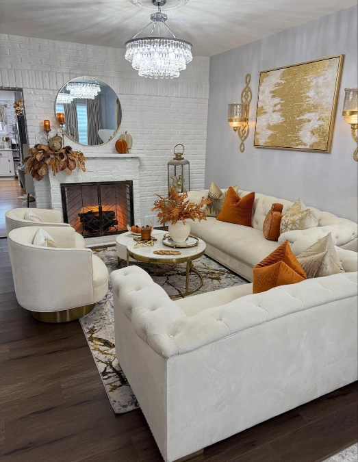 Cream Velvet Seating with Burnt Orange Accents