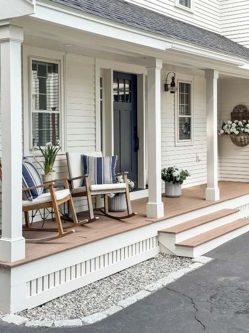 White Porch + Wooden Rocking Chairs + Navy Stripes