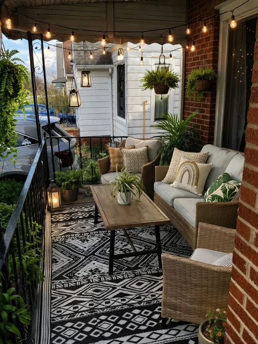 A Plant-Filled Porch with Warm String Lights