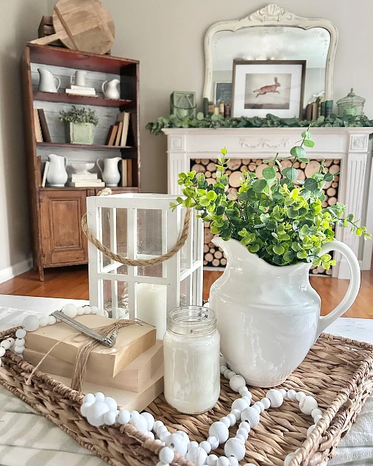 Greenery + White Pitcher + Woven Tray