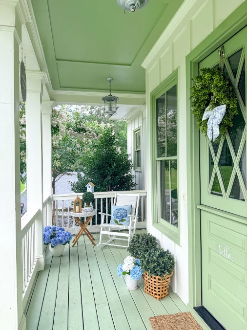 Sage Green Porch with Blue Hydrangeas