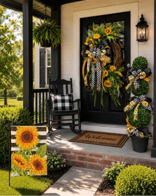 Sunflowers, Buffalo Check + a Bold Black Door