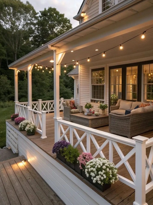 String Lights Over a Wicker Lounge