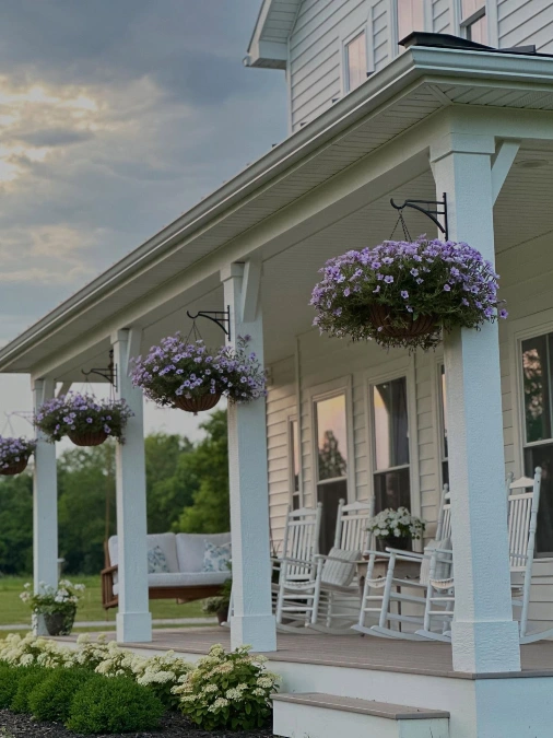 Lavender Hanging Baskets with White Rockers