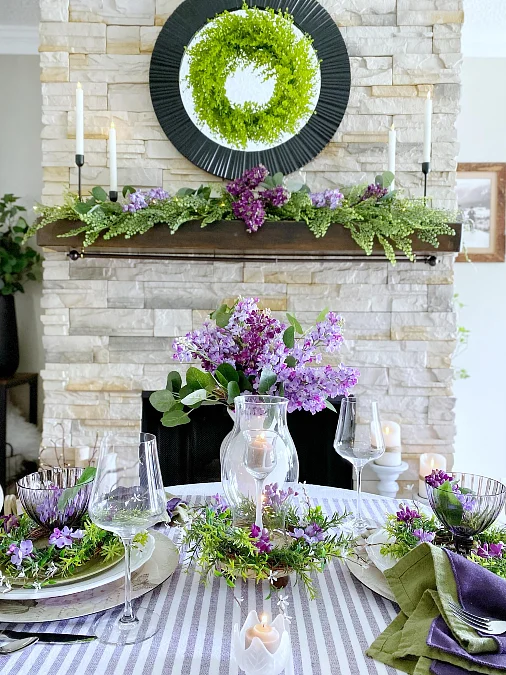Lilac Blooms and Fresh Greenery Table