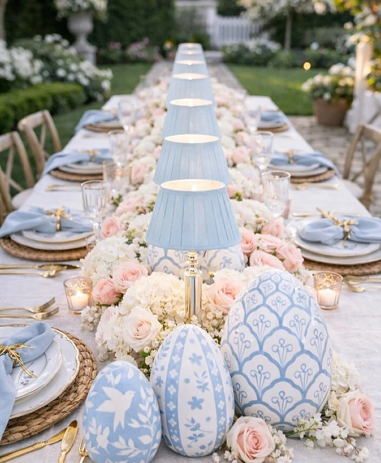 Blue Eggs + Blush Rose Garden Table