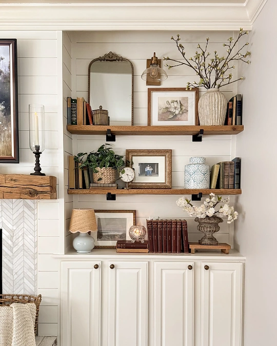 Spring Branches on Built-In Shelves