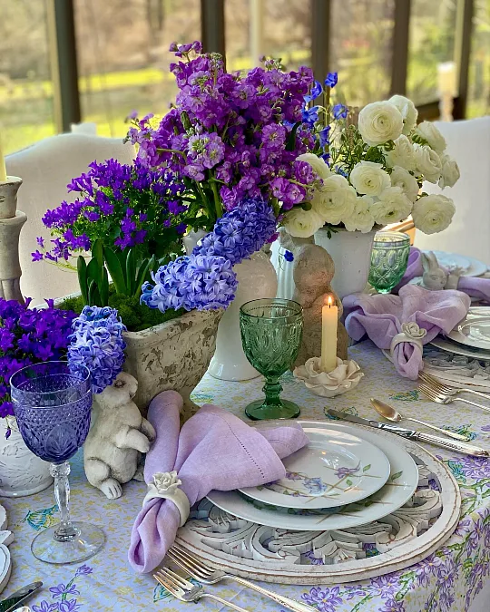 Lavender Linens and Purple Spring Blooms