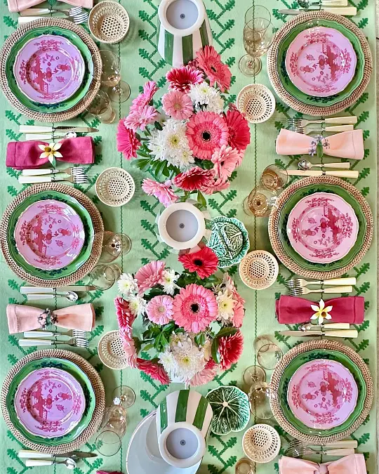 Pink Gerberas and Green Layered Table